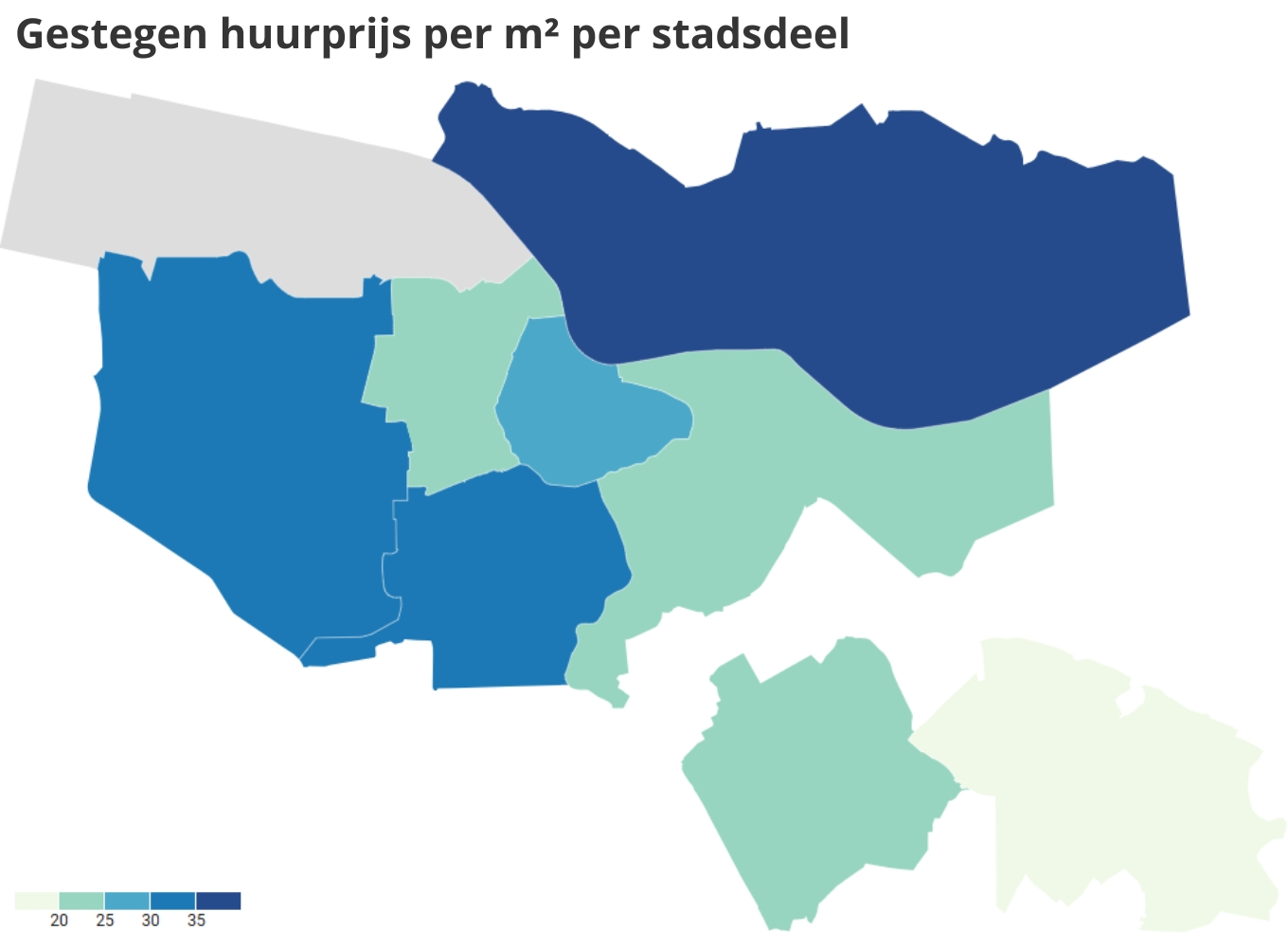 gestegen huurprijs per vierkante meter per stadsdeel